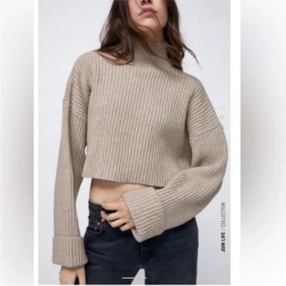 Zara Mock Neck Ribbed Cropped Sweater